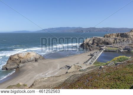 Scenic Beach In San Francisco With Old Ruin Called Sutro Baths Of Historic Recreation Area, Usa