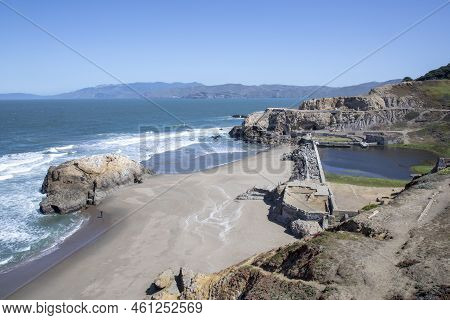 Scenic Beach In San Francisco With Old Ruin Called Sutro Baths Of Historic Recreation Area, Usa