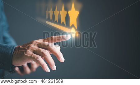 Businessman Pointing At Five-star Review Rating Slider Button,satisfaction Rating,customer Services 