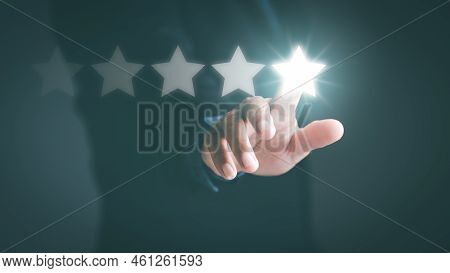 Businessman Pointed Out The Five-star Review Rating, Satisfaction Rating,customer Services Best Exce
