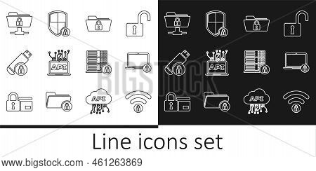 Set Line Wifi Locked, Laptop And, Folder, Computer Api Interface, Usb Flash Drive With, Ftp Folder, 