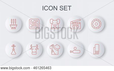 Set Line Indian Textile Fabric, Hookah, Elephant, Wood Cricket Bat And Ball, Incense Sticks, Hindu S