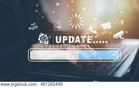 Hand Touch Bar Of Update Software Computer Program Upgrade Business Technology Internet, Update On V