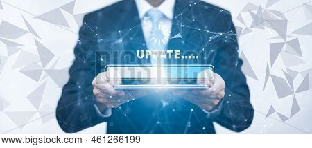 Man Hold Laptop And Update Software Computer Program Upgrade Business Technology Internet, Update On
