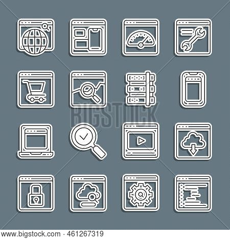 Set Line Browser Window, Cloud Download, Mobile Phone, Digital Speed Meter, Website With Stocks Mark
