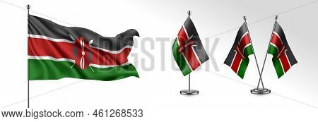 Set Of Kenya Waving Flag On Isolated Background Vector Illustration. 3 Kenyan Wavy Realistic Flag As
