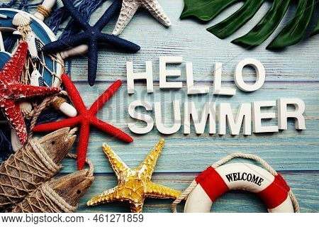 Hello Summer Alphabet Letters With Marine Decoratio On Wooden Background