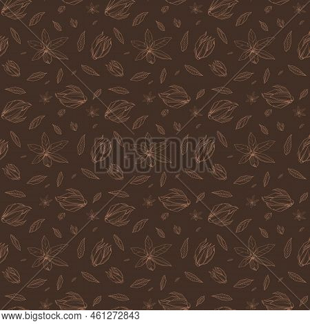 Seamless Pattern With Outlined Hand Drawind Geometrical Blossoming Flower. Ylang-ylang Textile Vecto