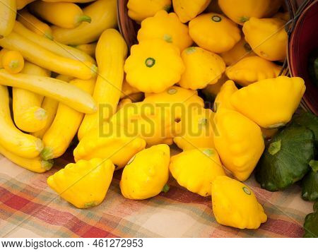 Sunburst Squash For Sale At A Farmers Market.