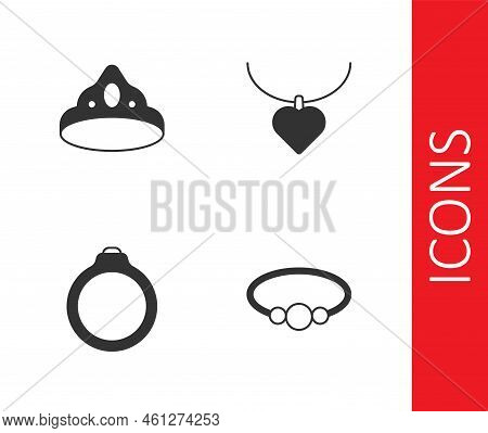 Set Bracelet Jewelry, King Crown, Diamond Engagement Ring And Necklace With Heart Shaped Icon. Vecto