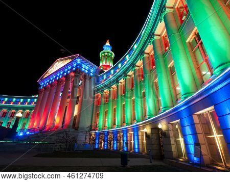 Downtown Denver At Christmas. Denvers City And County Building Decorated With Holiday Lights.