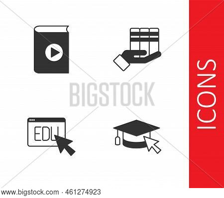 Set Graduation Cap With Cursor, Audio Book, Online Education And Book Donation Icon. Vector