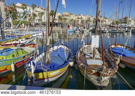 Sanary Sur Mer, France - November 6, 2021: Scenic View To Harbor With Colorful Wooden Fishermens Boa