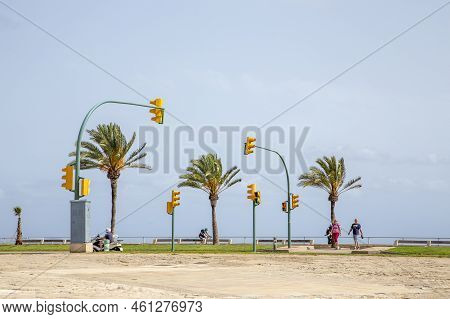Palma, Spain - June 22, 2022: Many Traffic Lights At Thepromenade Of Palma De Mallorca, Spain.