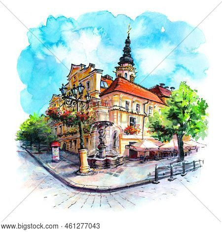 Watercolor Sketch Of Swidnica Market Square In The Old Town Of Swidnica, Silesia, Poland.