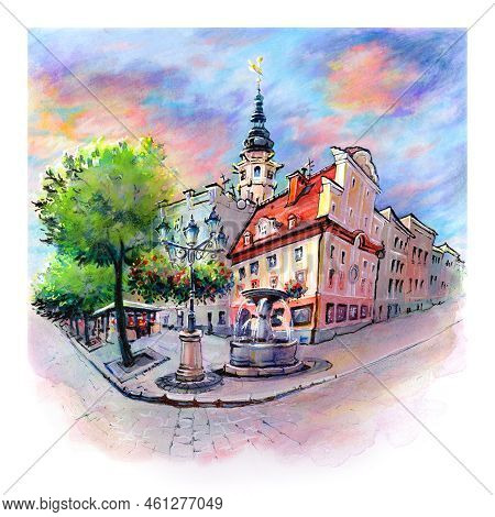 Watercolor Sketch Of Swidnica Market Square In The Old Town Of Swidnica, Silesia, Poland.