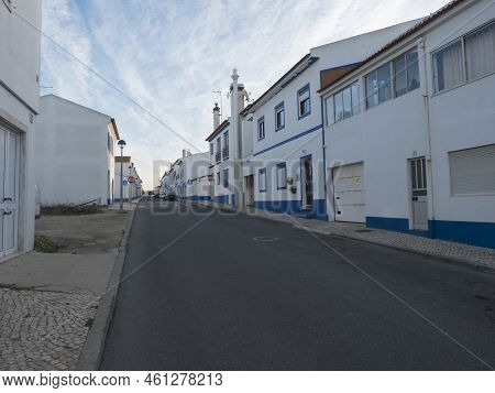 Porto Covo, Alentejo, Portugal, October 25, 2021: Empty Street With Portuguese Blue And White Colore