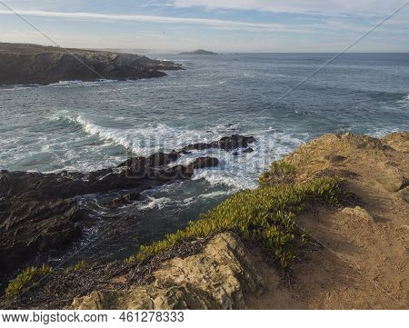 View Of The Cllifs, Rocky Sea Shore With The Red And Green Leaves Of Carpobrotus Edulis, Ground-cree