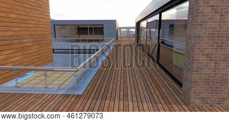 Wooden Terrace On The Roof Of An Advanced Trendy Cottage, Enclosed With Wall Panels. Ahead Is A Buil