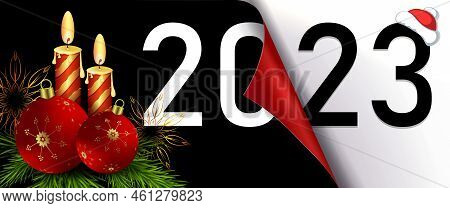 Happy New Year 2023, Christmas Composition With Fir Branch And Burning Candles.