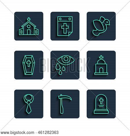 Set Line Tie, Scythe, Grave With Tombstone, Dove, Tear Cry Eye, Coffin Cross, Church Building And Ol