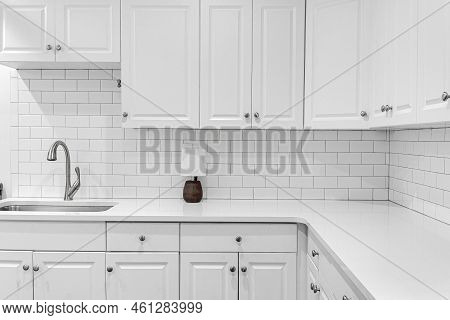 Modern Grey And White Kitchen Interior Empty Subway Tile