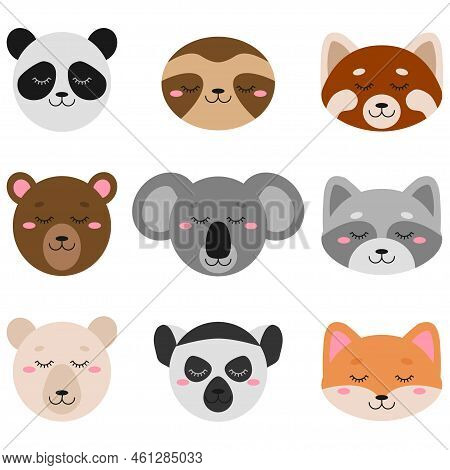 Set Of Cartoon Cute Animal Faces. Sloth, Koala, Red Panda, Panda, Lemur, White Bear, Bear, Fox, Racc