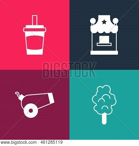 Set Pop Art Cotton Candy, Cannon, Ticket Box Office And Paper Glass With Water Icon. Vector