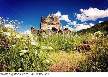 The Ruins Of An Ancient Ossetian Temple In The Mountains Of The North Caucasus. Russia, Republic Of 