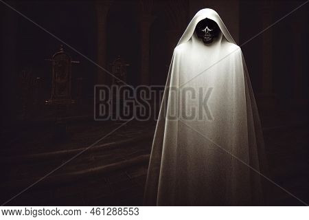 Halloween Concept Background Of Skeleton Ghost In Old Horror House.