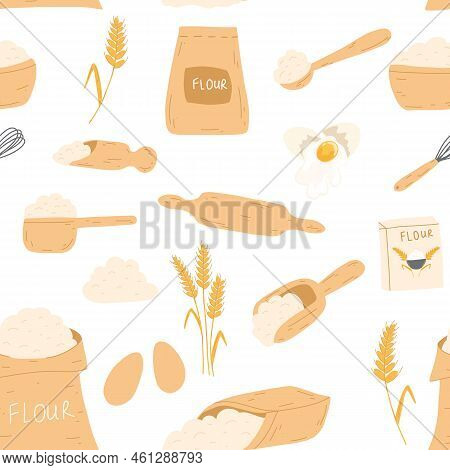 Seamless Pattern With Baking Ingredients In Flat Style On White Background. Bag With Flour, Eggs, Ki