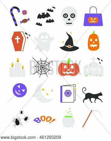 Halloween Icon Set In Color, Spider, Magic Hat, Black Cat, Bats, Black Power And Other Icon On The H