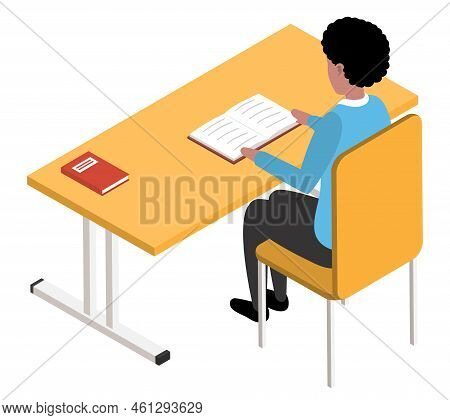 Student Male Character In Library Reading Book Sitting At Table, Man In Bookshop Vector Flat Design.