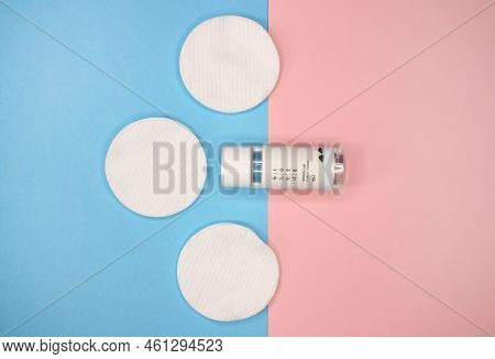 Kyiv, Ukraine - 27 August 2022: Mini Bottle Of Skin Care Product Skin Tonic With Three White Soft Co