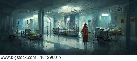 Gloomy Hospital Nightmare Illustration. Computer Generated Digital Art.