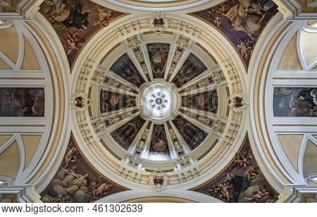 Madrid, Spain - June 28, 2021: Ornate Fresco Dome Of The Baroque Cathedral Church Of Armed Forces Or