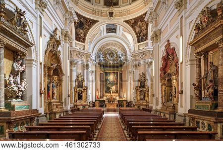 Madrid, Spain - June 28, 2021: Ornate Baroque Interior Of Baroque Cathedral Church Of Armed Forces O