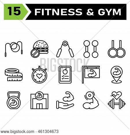 Healthy And Fitness Icon Set Include Rope, Jump, Skip, Healthy, Fitness, Gym, Burgers, No Food, Unhe