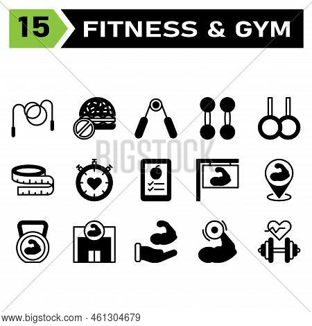 Healthy And Fitness Icon Set Include Rope, Jump, Skip, Healthy, Fitness, Gym, Burgers, No Food, Unhe