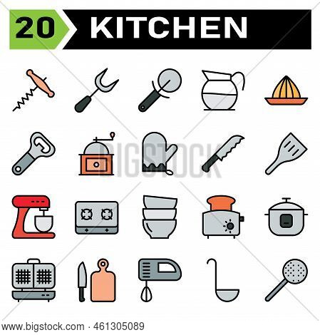Kitchen Equipment Icon Set Include Corkscrew, Bottle, Opener, Wine, Equipment, Carving, Carve, Fork,
