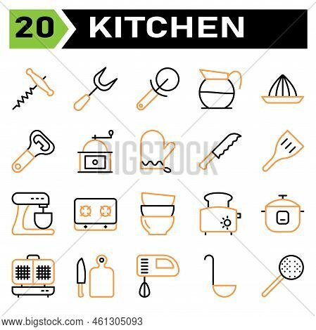 Kitchen Equipment Icon Set Include Corkscrew, Bottle, Opener, Wine, Equipment, Carving, Carve, Fork,