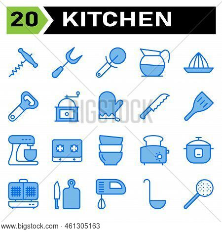 Kitchen Equipment Icon Set Include Corkscrew, Bottle, Opener, Wine, Equipment, Carving, Carve, Fork,