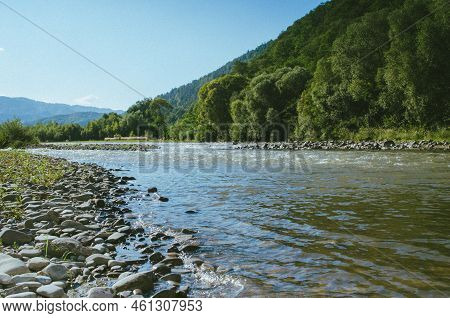 Beautiful Mountain River On A Clear Summer Day. River In Sunny Day. River In Mountain Forest.