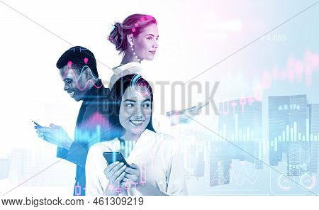Multinational Business People Using Phone, Happy Portraits. Double Exposure With Colorful Statistics