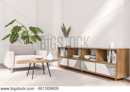 Corner View On Bright Living Room Interior With Armchair, Coffee Table, Sideboard, White Wall, Woode