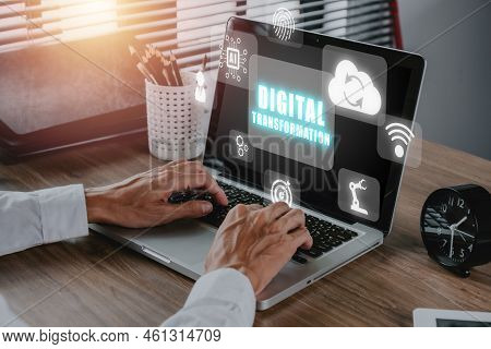Digital Transformation And Digitalization Technology Concept, Young Businessman Working On Laptop Co