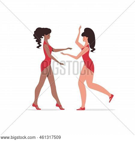 Dance Of Two Girls. Modern Stylish Dancers In Motion In Studio, Stage Or Dance Hall.vector Illustrat