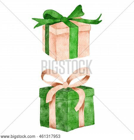 Watercolor Hand Drawn Illustration With Beige Green Cute Present Gift Boxes With Ribbon Bows. Neutra