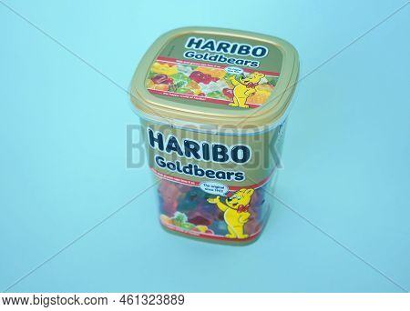 Pskov, Russia - August 09, 2022: Pack Of Sweet Haribo Chewing Bears On A Blue Background.