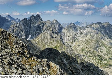 High Tatras Scenery From Slavkovsky Peak, Slovak Republic. Hiking Theme. Seasonal Natural Scene.